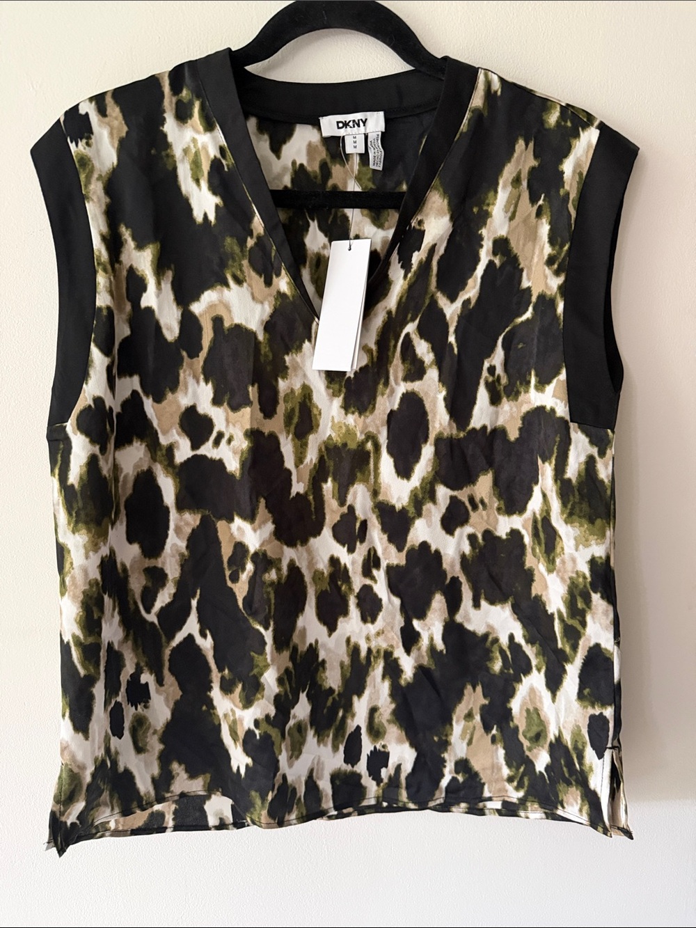 DKNY Women's Olive & Black Animal Print V-Neck Top